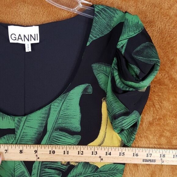GANNI Womens Dress Size 36 Green Puff Sleeve Ruched Mini Pullover Stretch BANANA - Picture 10 of 12